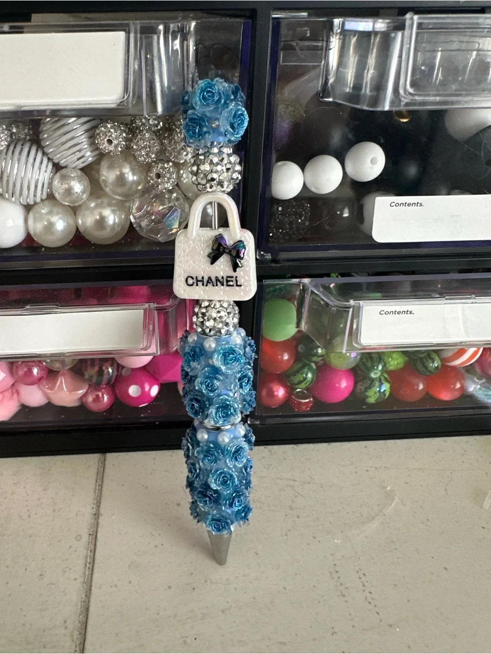Blue Rose Beaded Pen - Blue